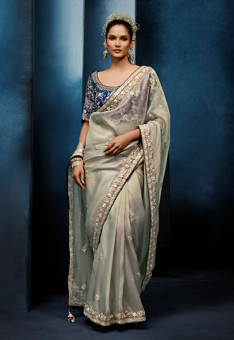 Monjolika Fashion Light Grey Fancy Fabric Embroidered Saree With Stitched Blouse