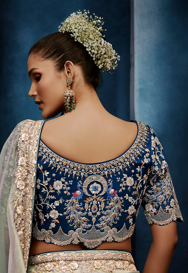 Monjolika Fashion Light Grey Fancy Fabric Embroidered Saree With Stitched Blouse