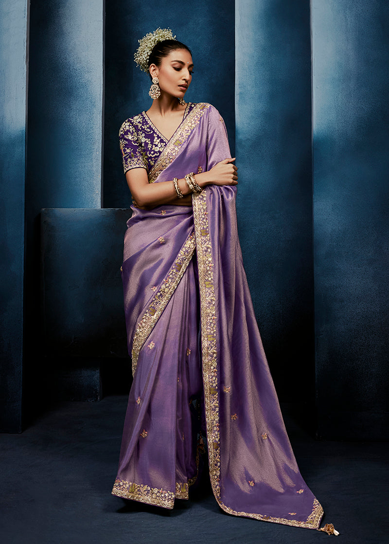Monjolika Fashion Lavender Fancy Fabric Embroidered Saree With Stitched Blouse