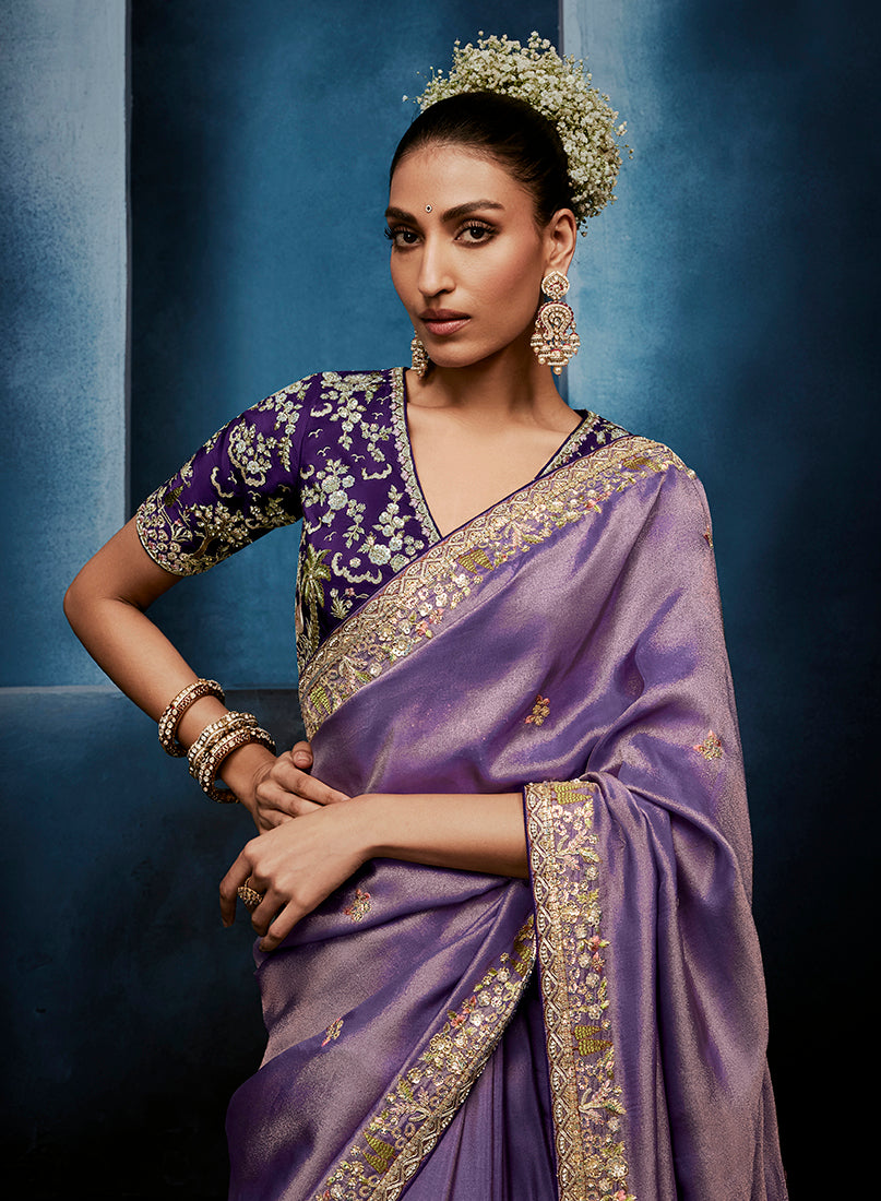 Monjolika Fashion Lavender Fancy Fabric Embroidered Saree With Stitched Blouse