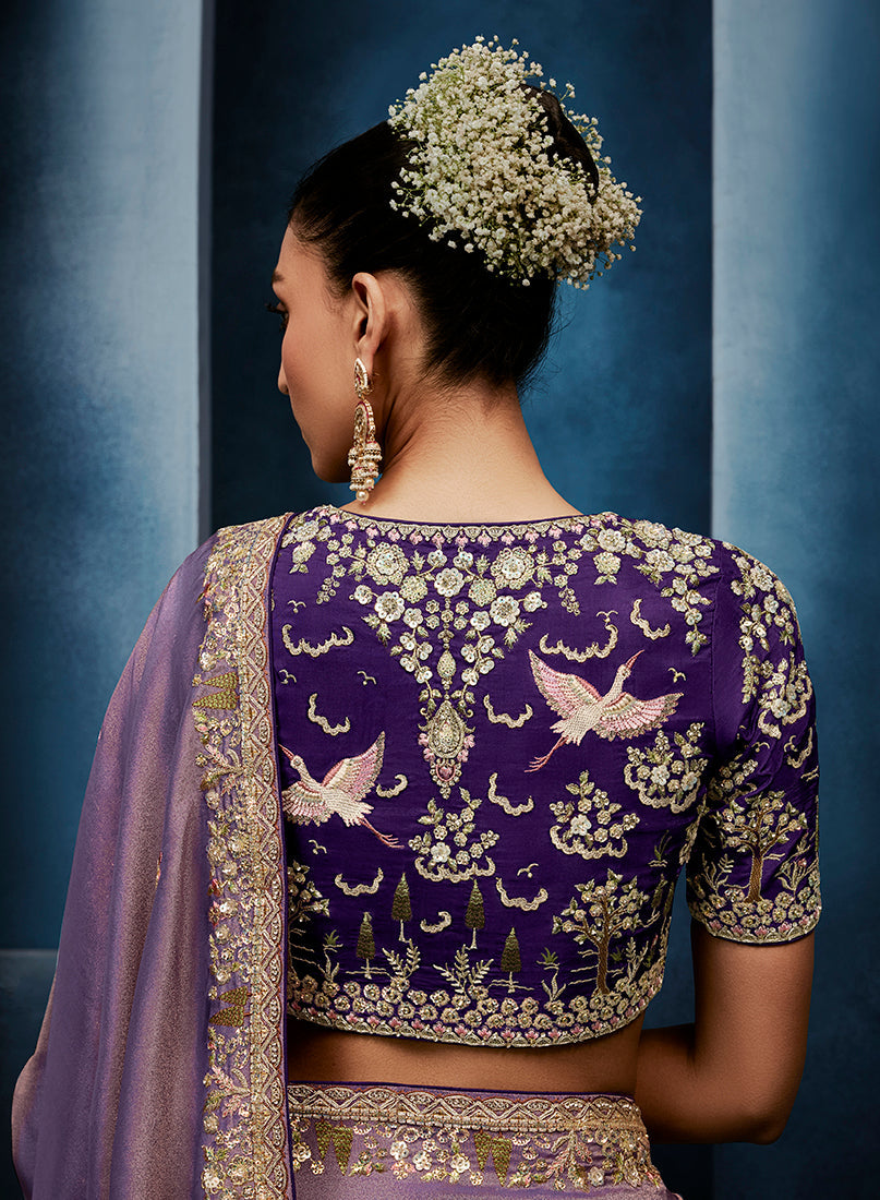Monjolika Fashion Lavender Fancy Fabric Embroidered Saree With Stitched Blouse