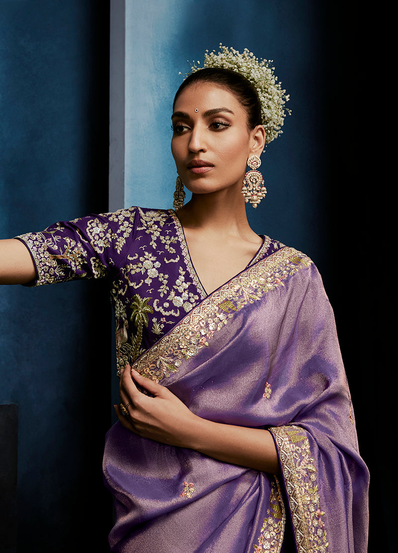 Monjolika Fashion Lavender Fancy Fabric Embroidered Saree With Stitched Blouse
