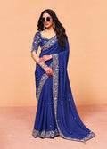 Monjolika Fashion Navy Blue Faux Organza Satin Saree With Embroidery