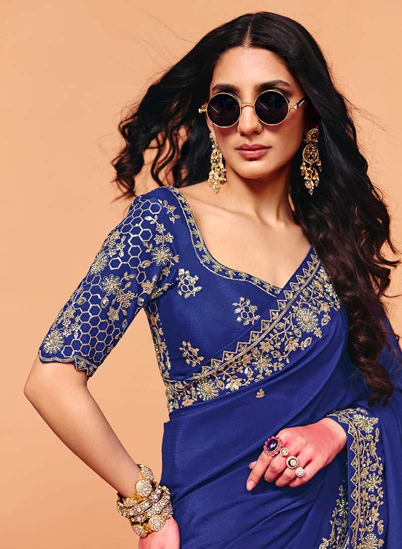 Monjolika Fashion Navy Blue Faux Organza Satin Saree With Embroidery