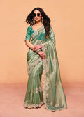 Monjolika Fashion Sea Green Faux Organza Satin Saree With Embroidery