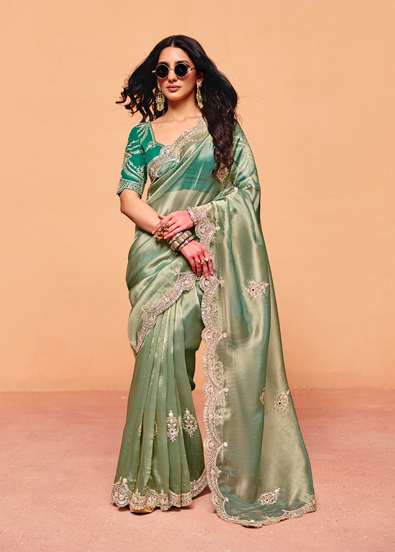 Monjolika Fashion Sea Green Faux Organza Satin Saree With Embroidery