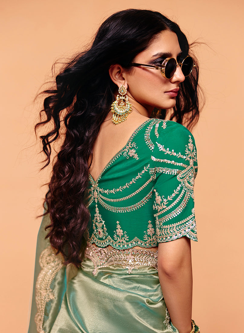 Monjolika Fashion Sea Green Faux Organza Satin Saree With Embroidery