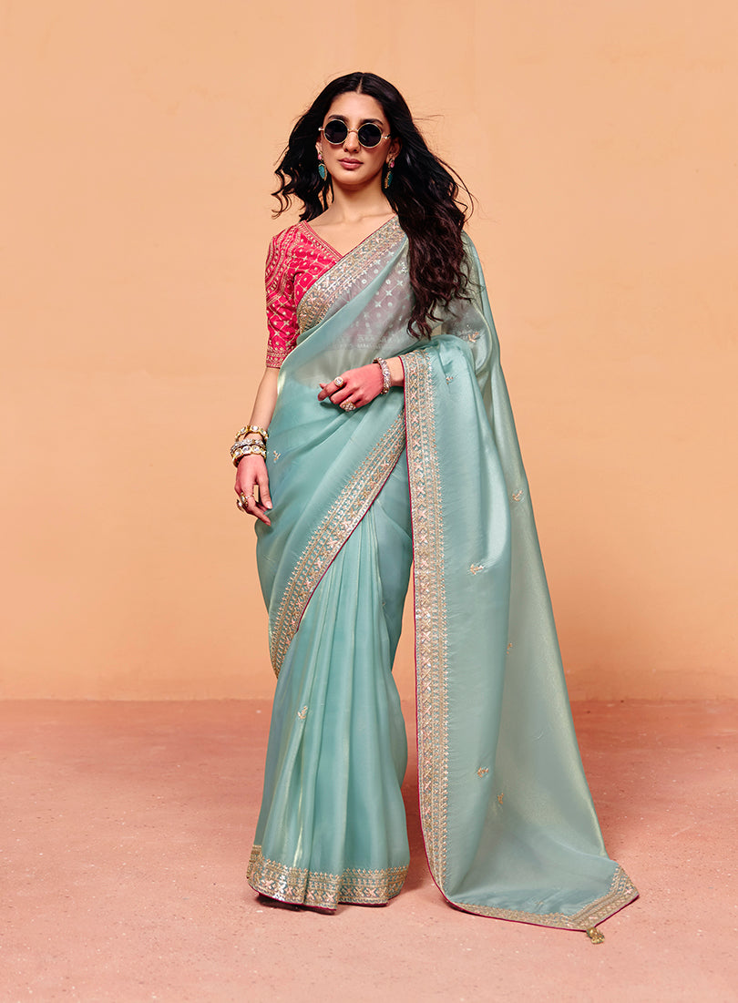 Monjolika Fashion Light Blue Faux Organza Satin Saree With Embroidery