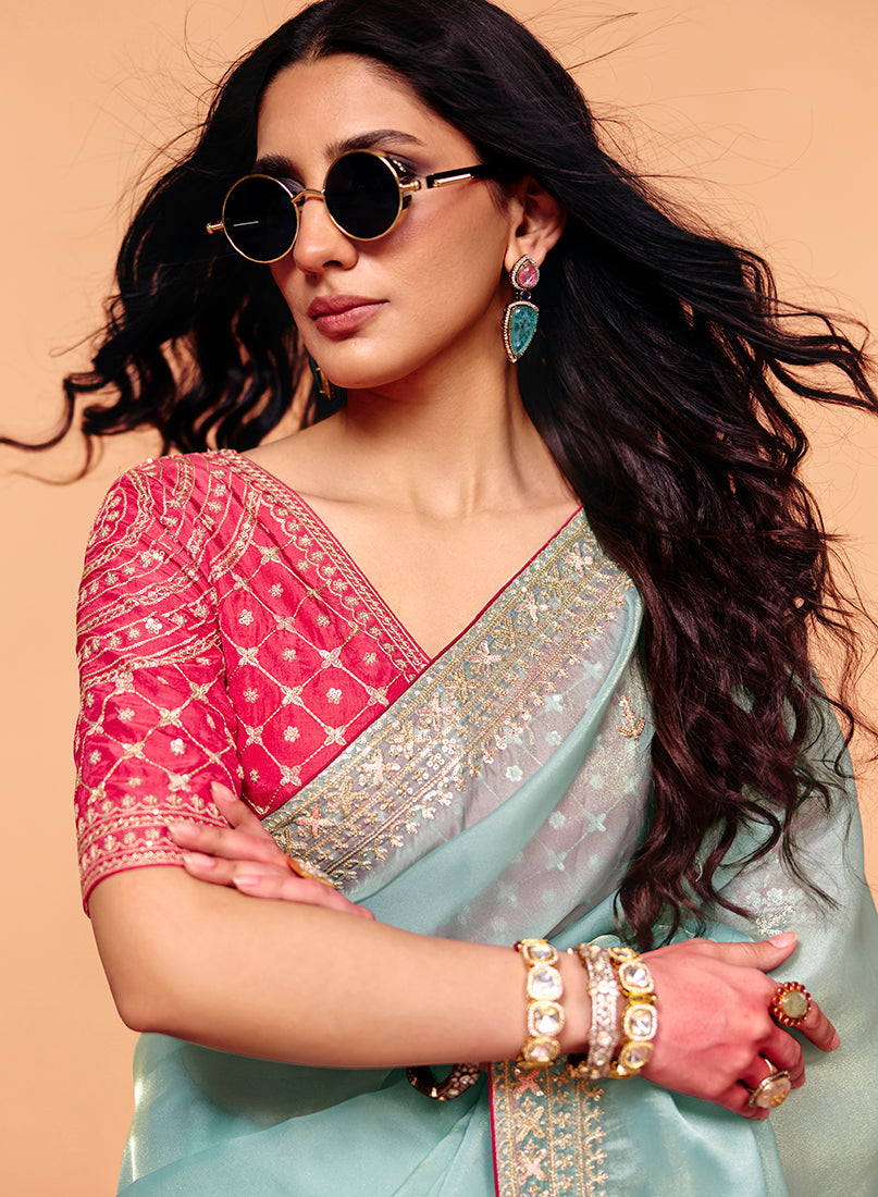 Monjolika Fashion Light Blue Faux Organza Satin Saree With Embroidery