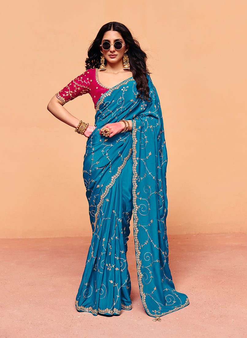 Monjolika Fashion Aqua Blue Faux Organza Satin Saree With Embroidery