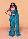 Monjolika Fashion Aqua Blue Faux Organza Satin Saree With Embroidery