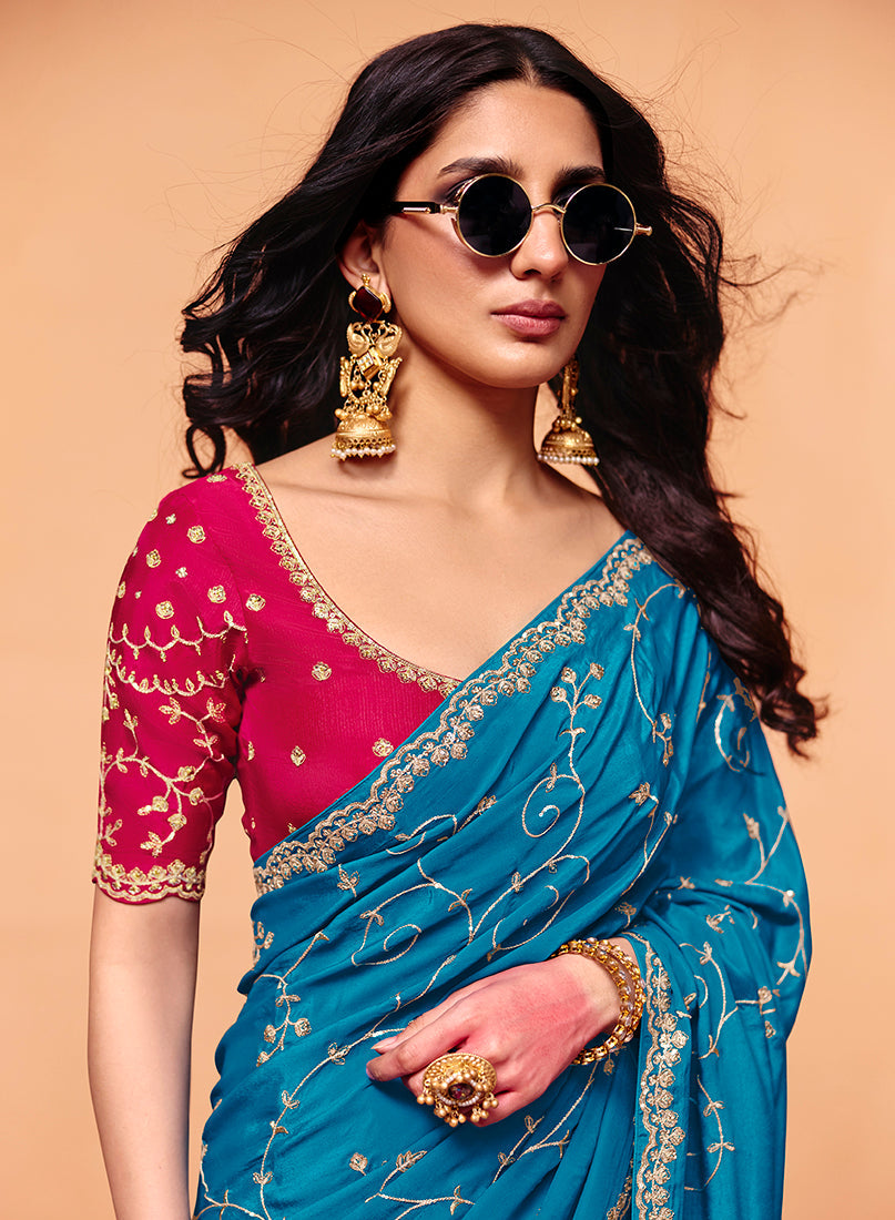 Monjolika Fashion Aqua Blue Faux Organza Satin Saree With Embroidery