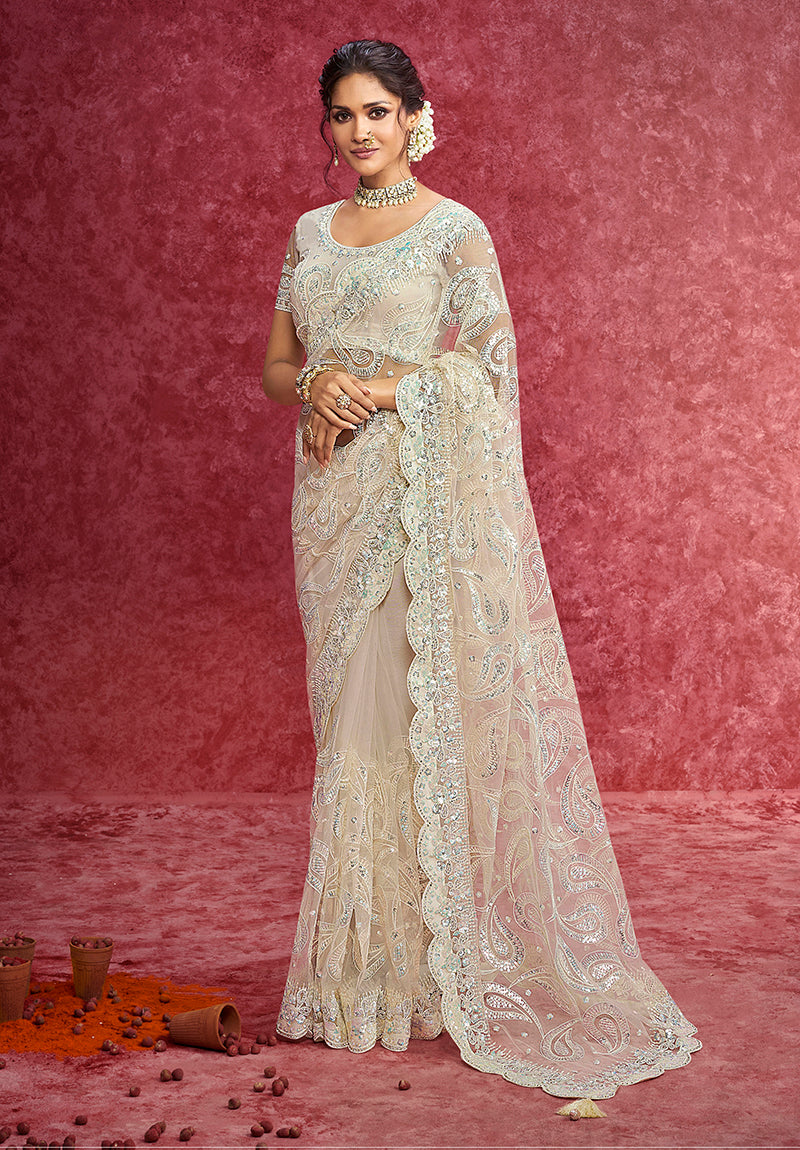 Monjolika Fashion Off White Net Embroidered Work Saree