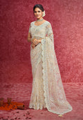 Monjolika Fashion Off White Net Embroidered Work Saree