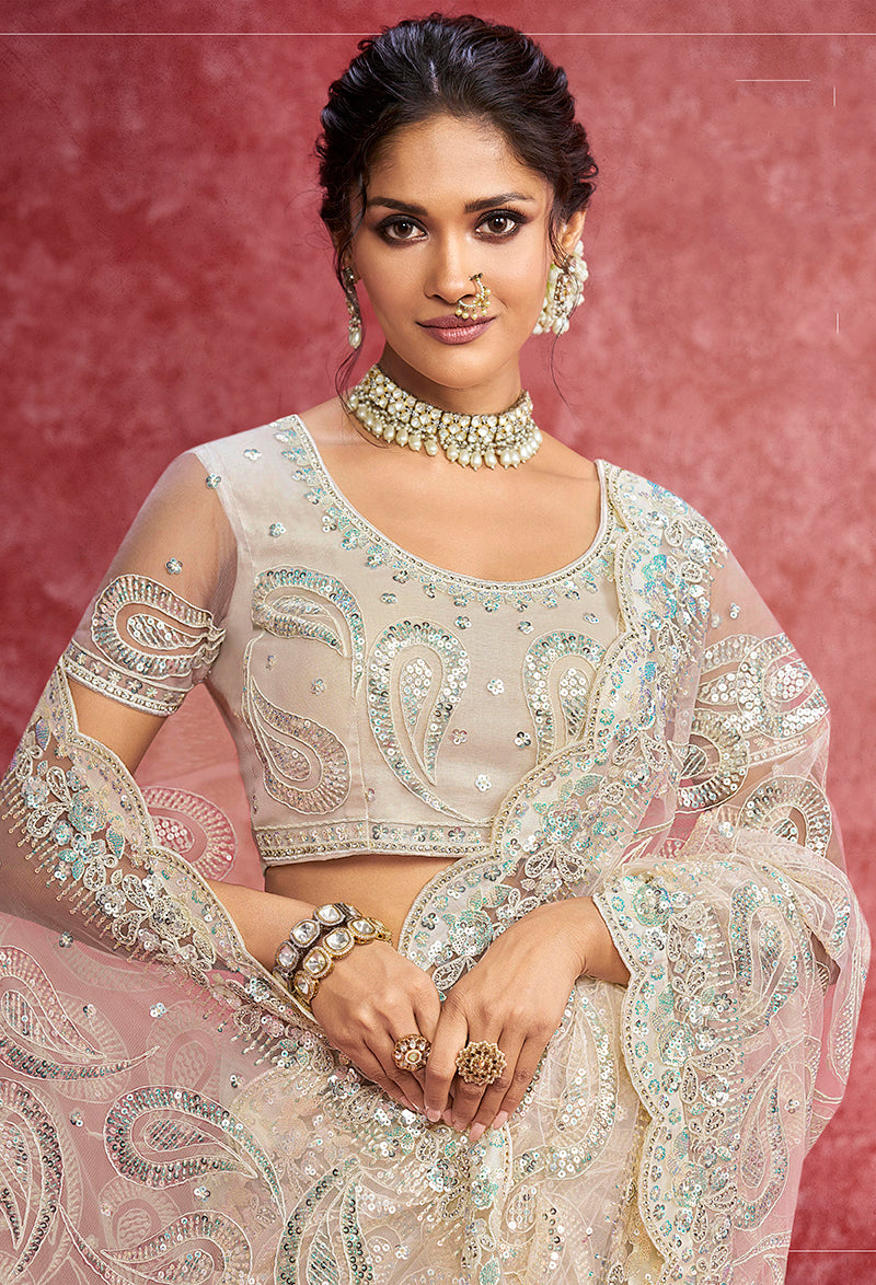 Monjolika Fashion Off White Net Embroidered Work Saree