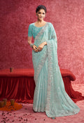 Monjolika Fashion Sky Blue Satin Silk Embroidered Work Saree