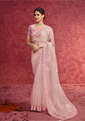 Monjolika Fashion Baby Pink Faux Tissue Embroidered Work Saree