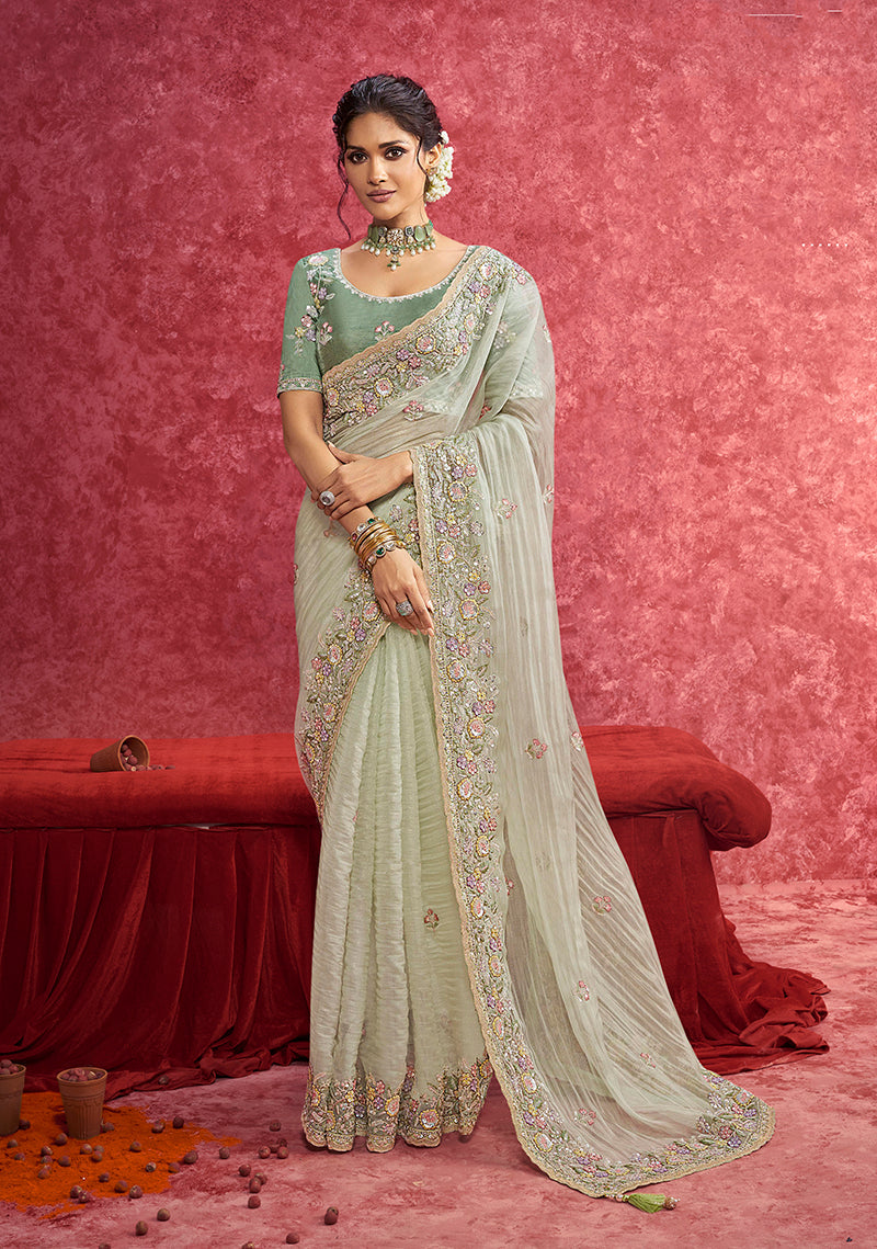 Monjolika Fashion Pista Green Faux Tissue Embroidered Work Saree