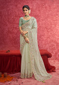 Monjolika Fashion Pista Green Faux Tissue Embroidered Work Saree