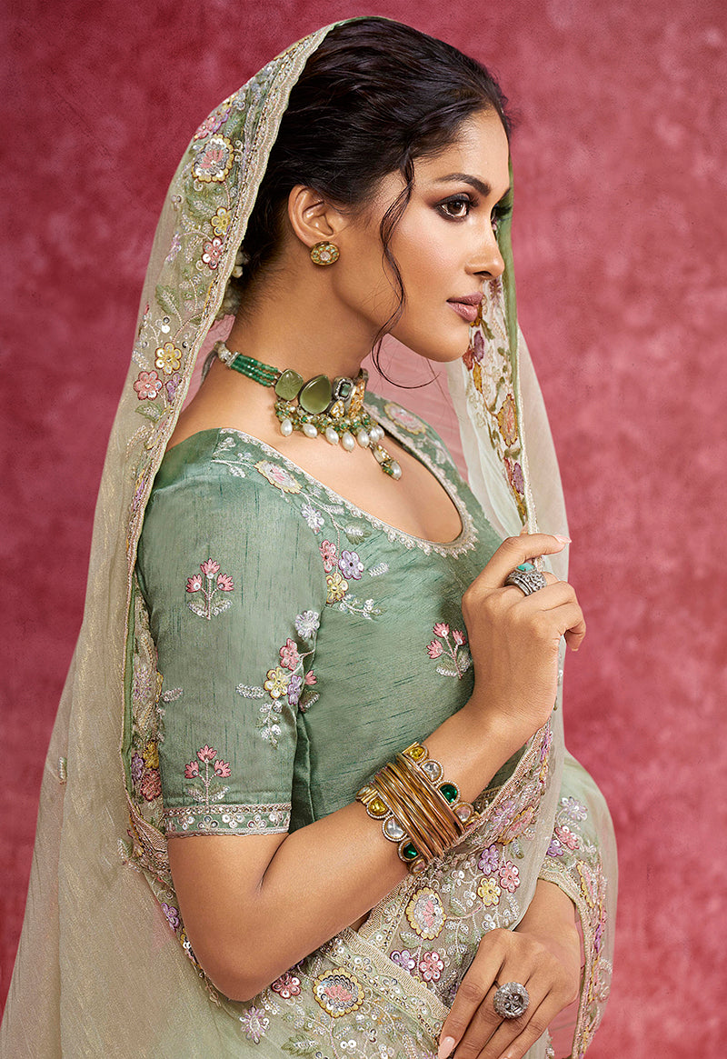 Monjolika Fashion Pista Green Faux Tissue Embroidered Work Saree