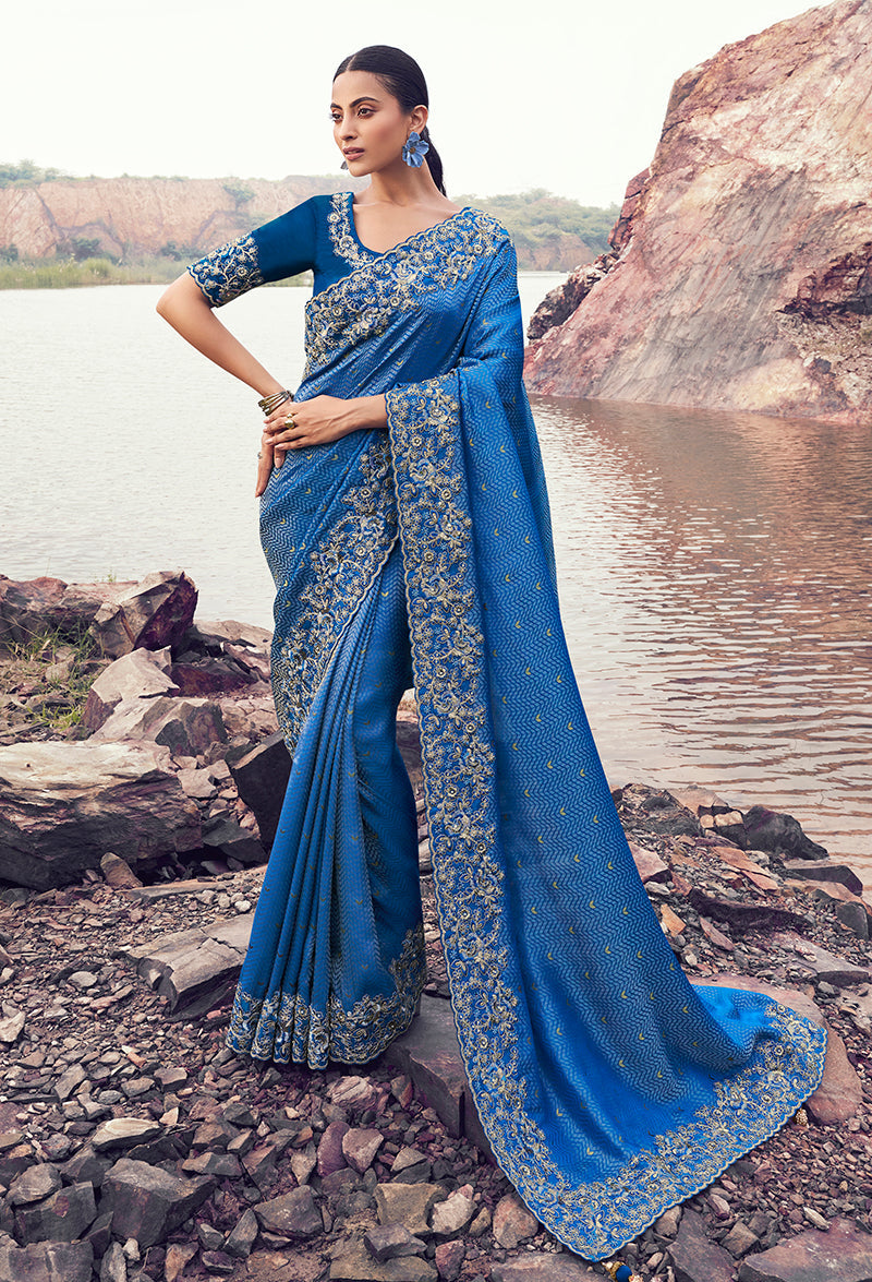 Monjolika Fashion Royal Blue Embroidered Woven Satin Silk Saree