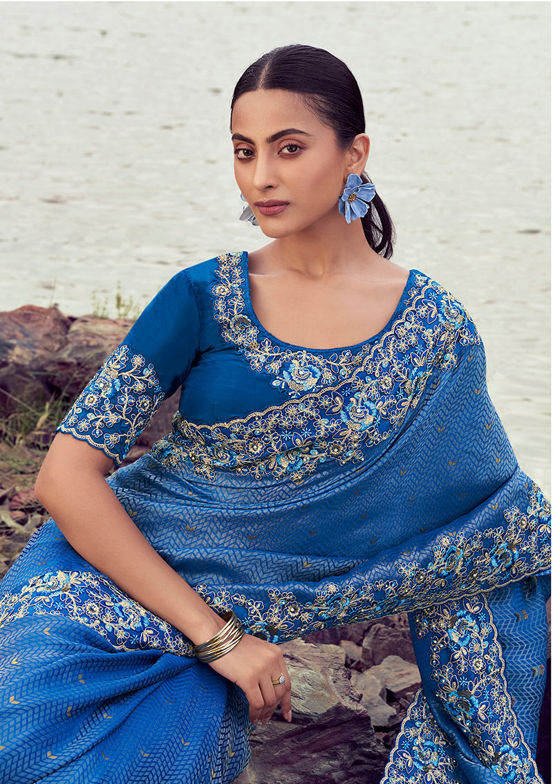 Monjolika Fashion Royal Blue Embroidered Woven Satin Silk Saree