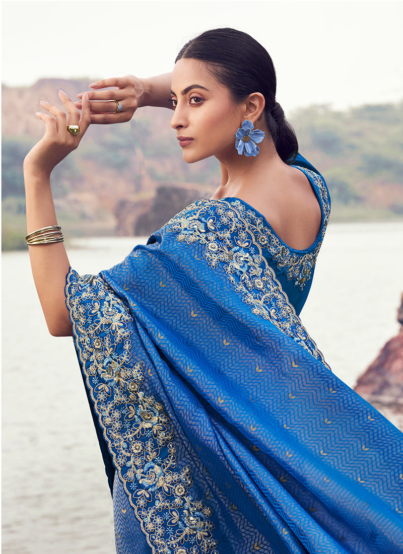 Monjolika Fashion Royal Blue Embroidered Woven Satin Silk Saree