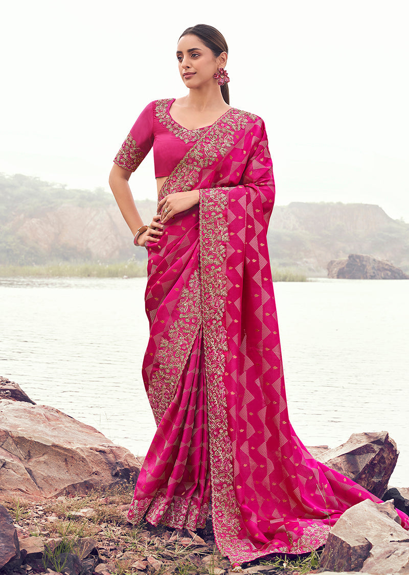 Monjolika Fashion Rani Pink Embroidered Woven Satin Silk Saree