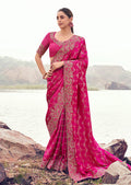 Monjolika Fashion Rani Pink Embroidered Woven Satin Silk Saree