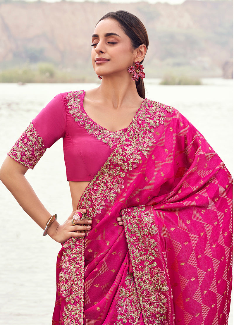 Monjolika Fashion Rani Pink Embroidered Woven Satin Silk Saree