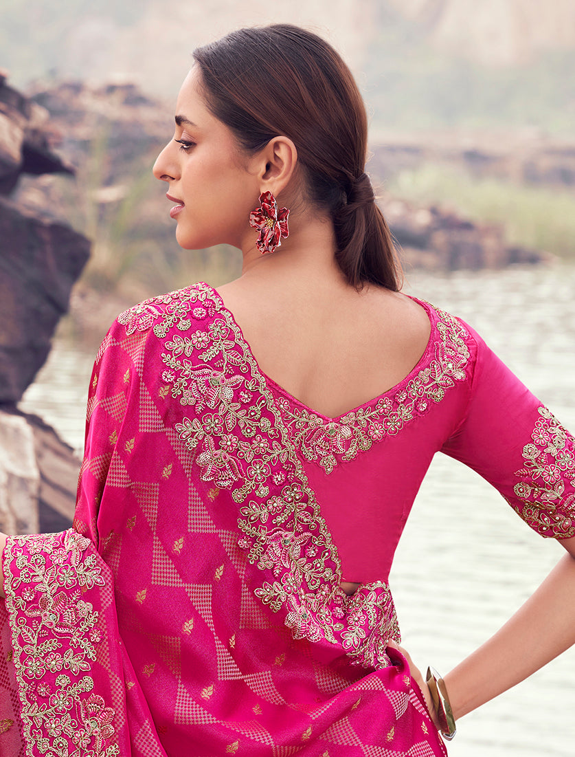 Monjolika Fashion Rani Pink Embroidered Woven Satin Silk Saree