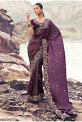 Monjolika Fashion Wine Embroidered Woven Satin Silk Saree
