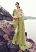 Monjolika Fashion Beige & Green Embroidered Woven Faux Tissue Silk Saree
