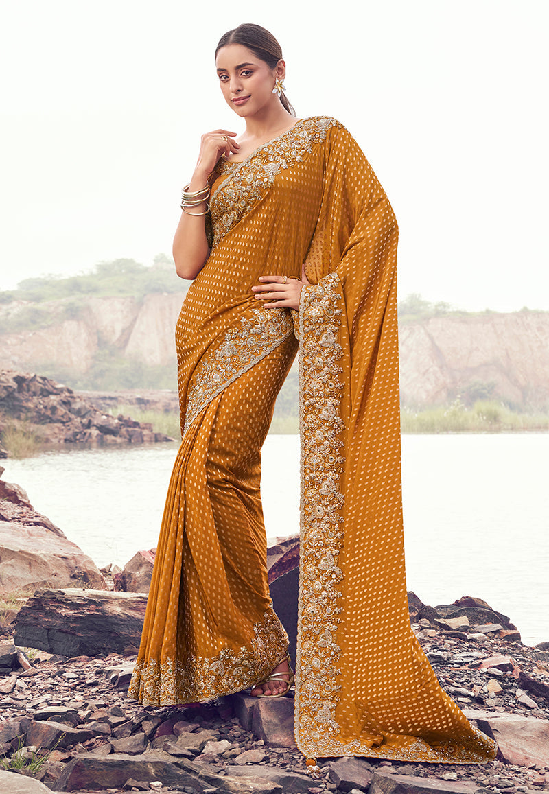 Monjolika Fashion Rust Orange Embroidered Woven Satin Silk Saree