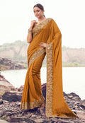 Monjolika Fashion Rust Orange Embroidered Woven Satin Silk Saree