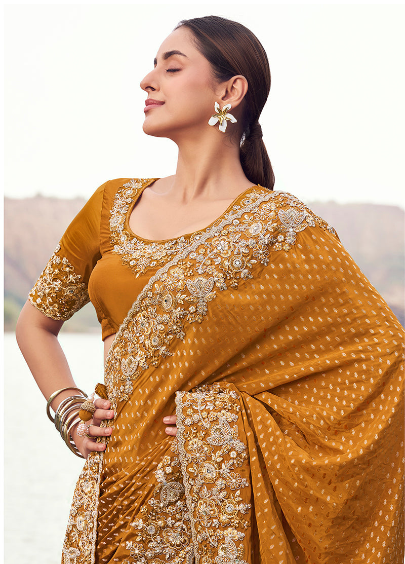 Monjolika Fashion Rust Orange Embroidered Woven Satin Silk Saree
