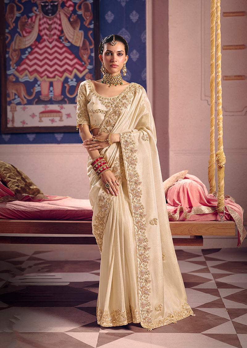 Monjolika Fashion Cream Viscose Zari Tissue Silk Embroidered Saree