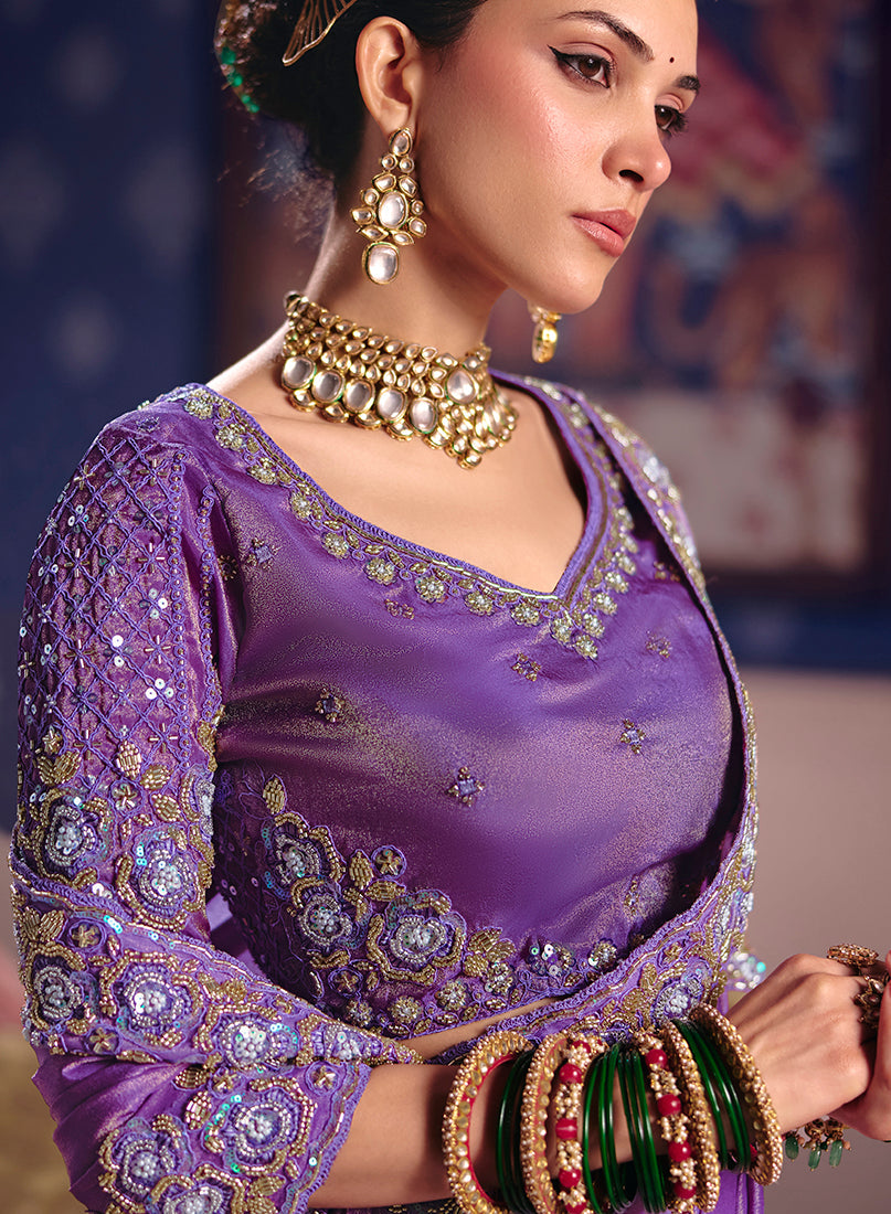 Monjolika Fashion Lavender Viscose Zari Tissue Silk Embroidered Saree