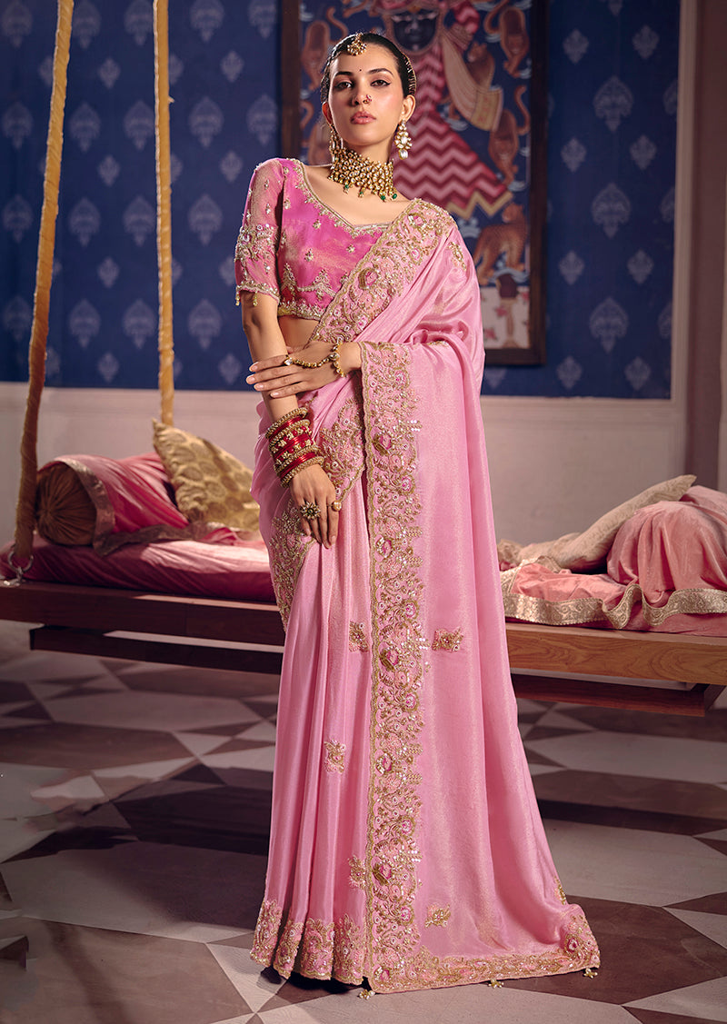 Monjolika Fashion Pink Viscose Zari Tissue Silk Embroidered Saree