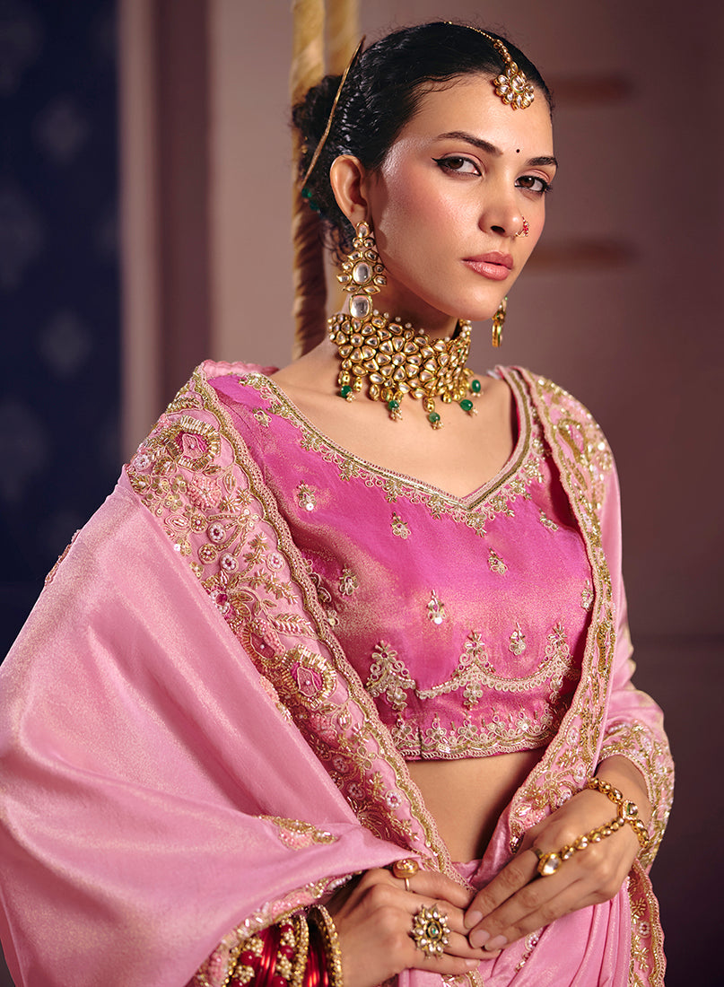 Monjolika Fashion Pink Viscose Zari Tissue Silk Embroidered Saree