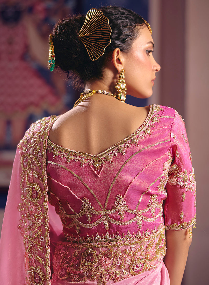 Monjolika Fashion Pink Viscose Zari Tissue Silk Embroidered Saree