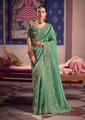 Monjolika Fashion Sea Green Viscose Zari Tissue Silk Embroidered Saree