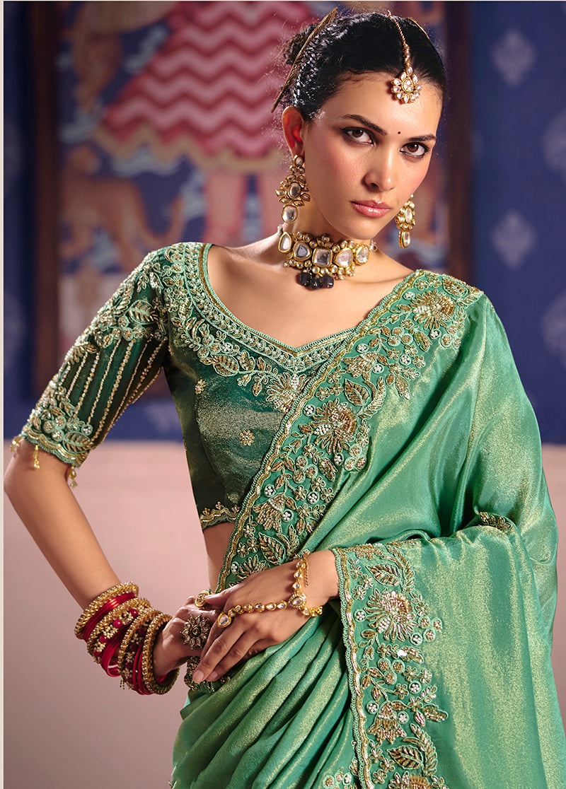 Monjolika Fashion Sea Green Viscose Zari Tissue Silk Embroidered Saree