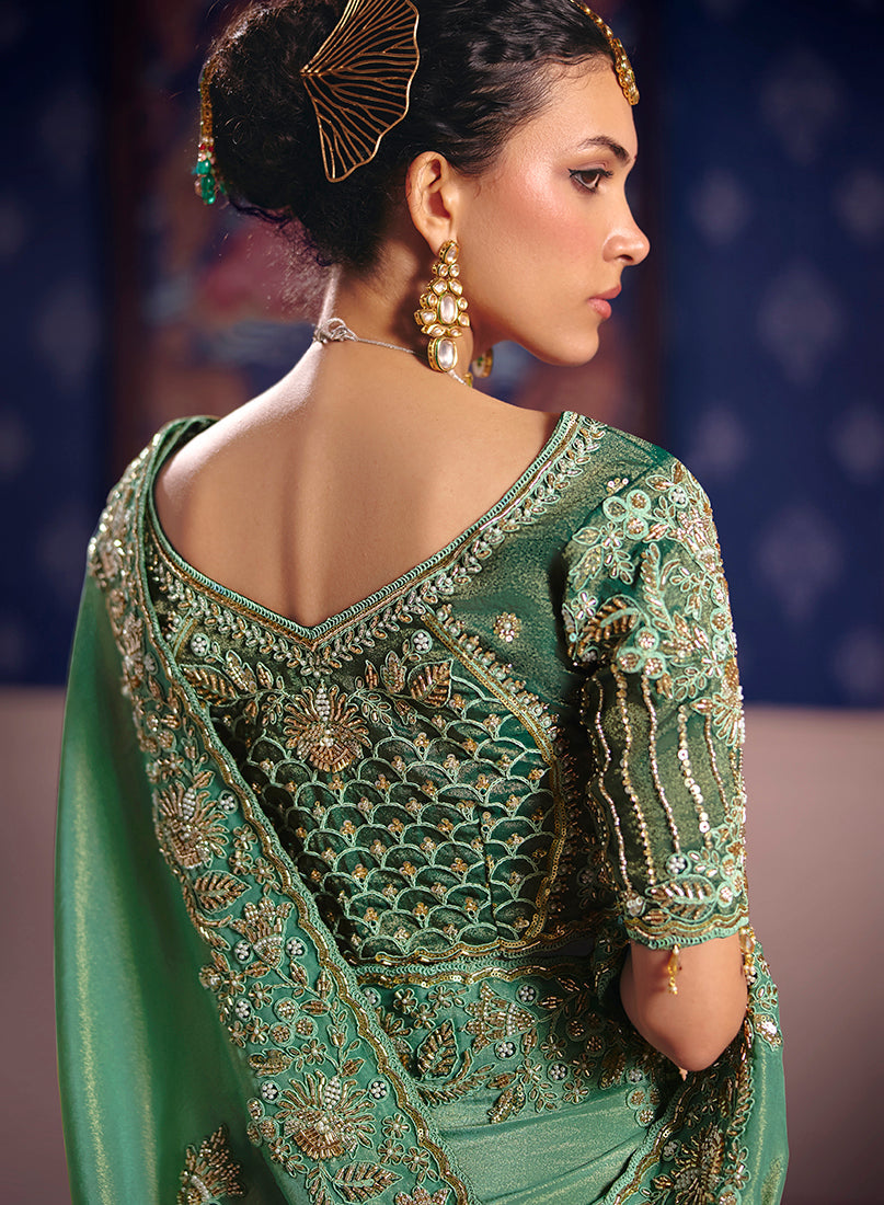 Monjolika Fashion Sea Green Viscose Zari Tissue Silk Embroidered Saree