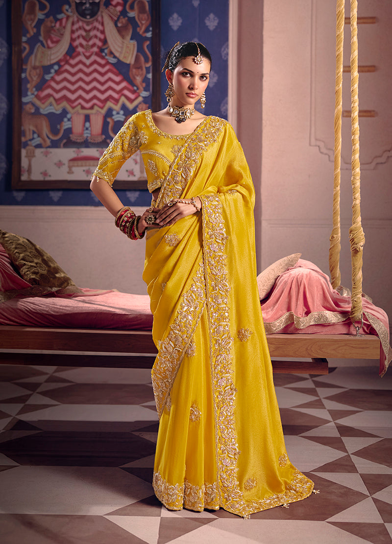 Monjolika Fashion Yellow Viscose Zari Tissue Silk Embroidered Saree