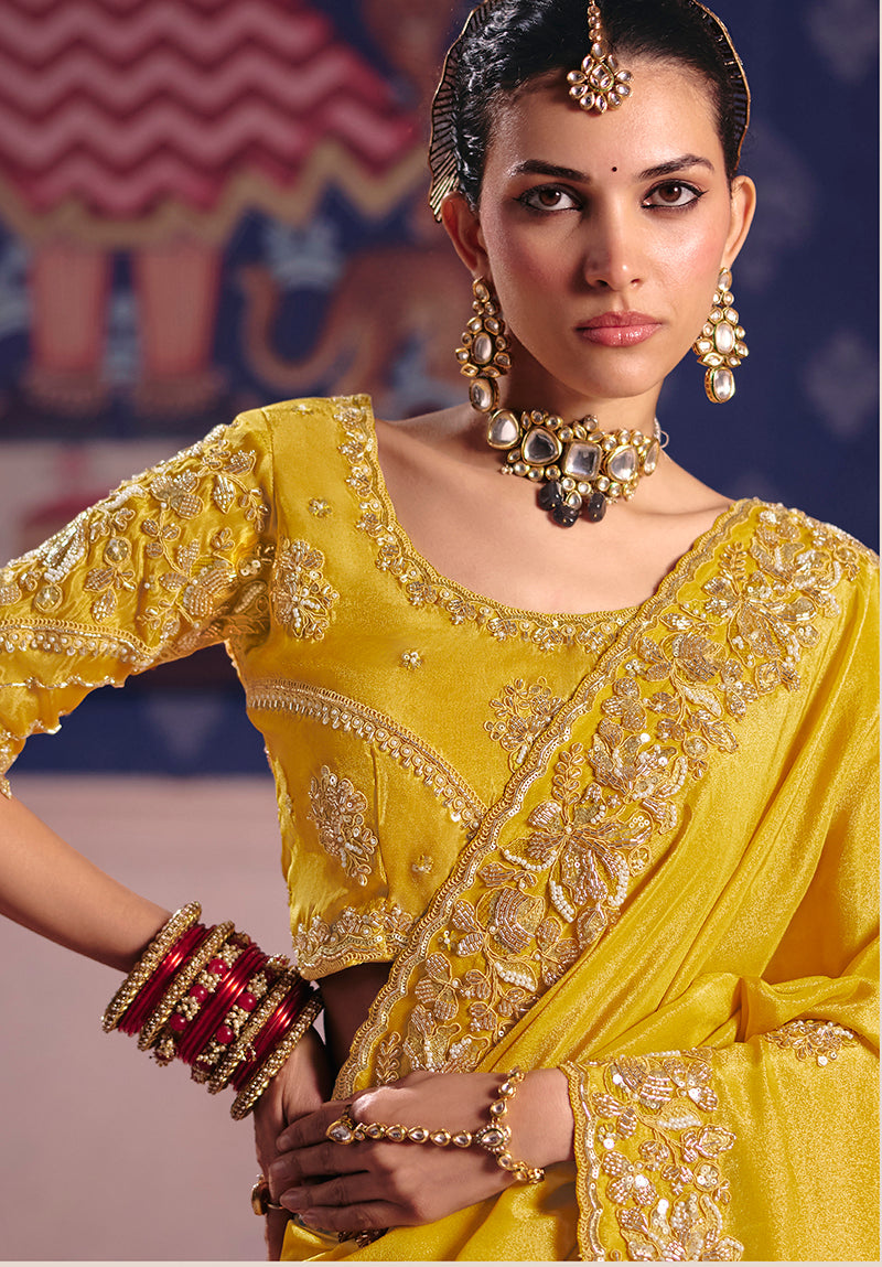 Monjolika Fashion Yellow Viscose Zari Tissue Silk Embroidered Saree