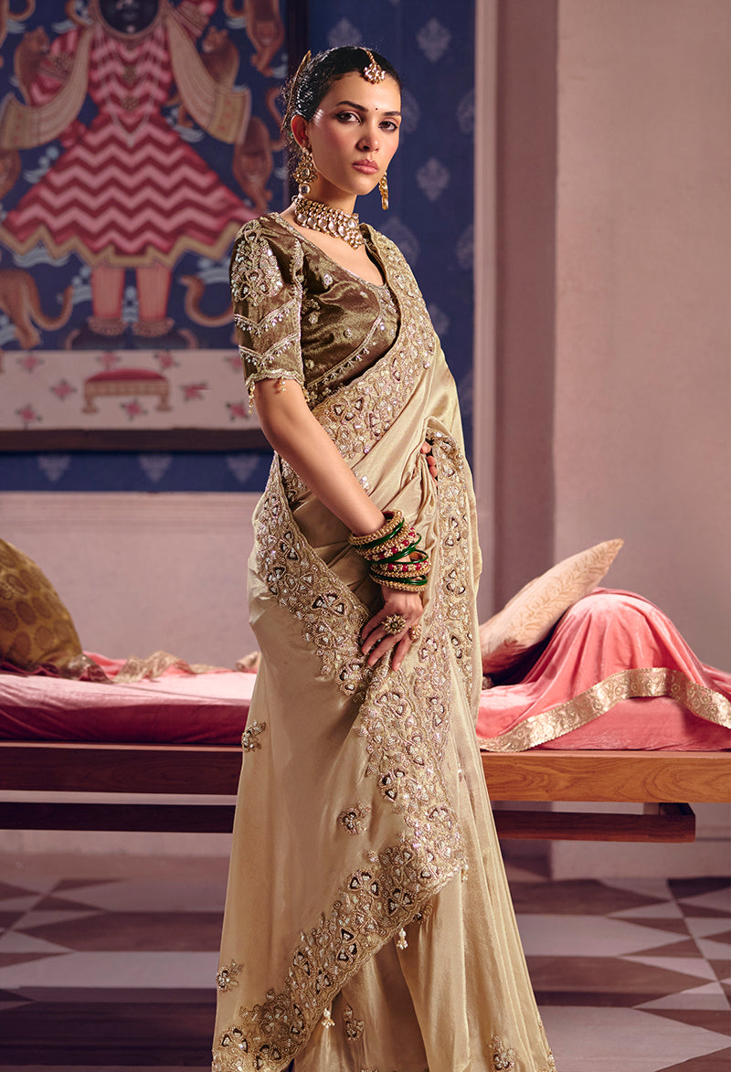 Monjolika Fashion Chiku Viscose Zari Tissue Silk Embroidered Saree