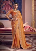 Monjolika Fashion Orange Viscose Zari Tissue Silk Embroidered Saree