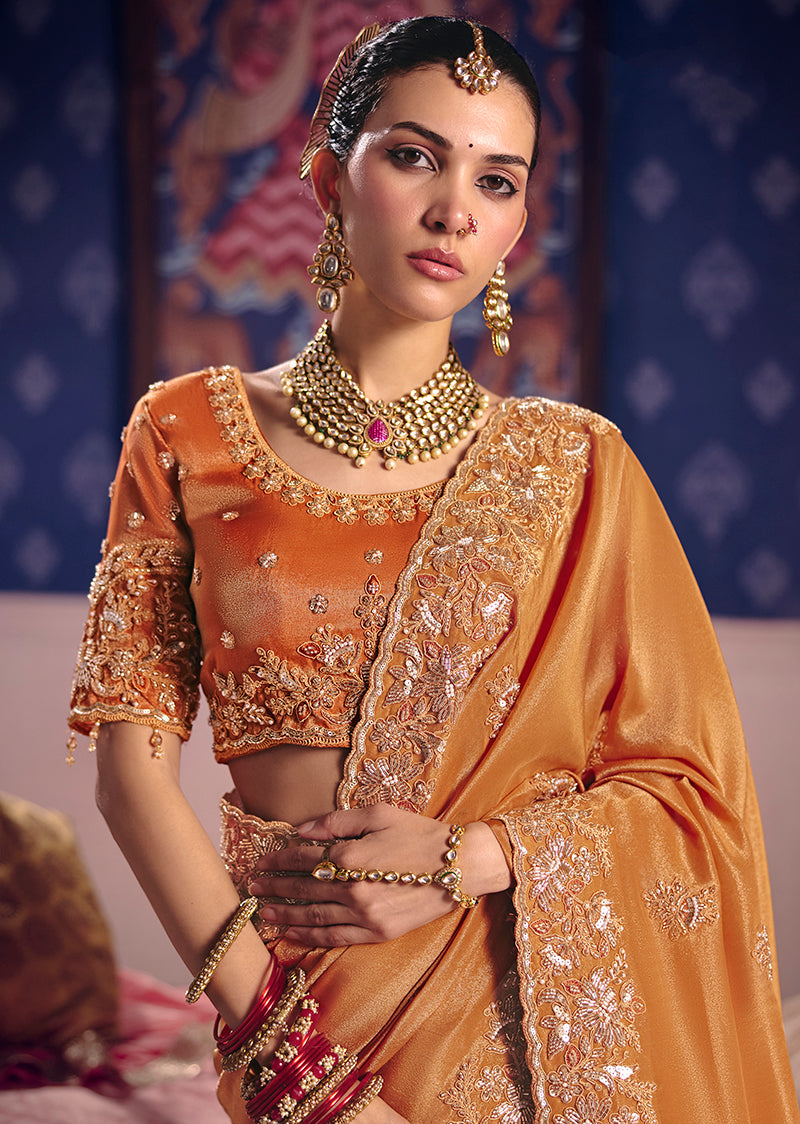 Monjolika Fashion Orange Viscose Zari Tissue Silk Embroidered Saree