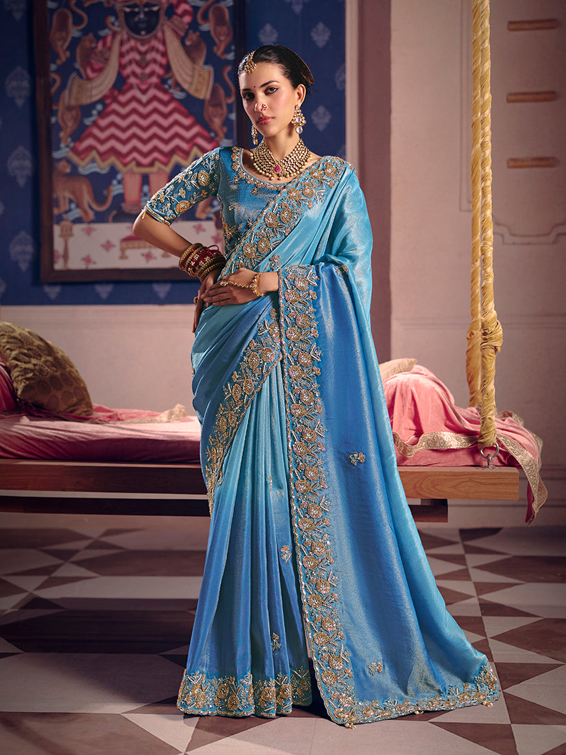 Monjolika Fashion Light Blue Viscose Zari Tissue Silk Embroidered Saree